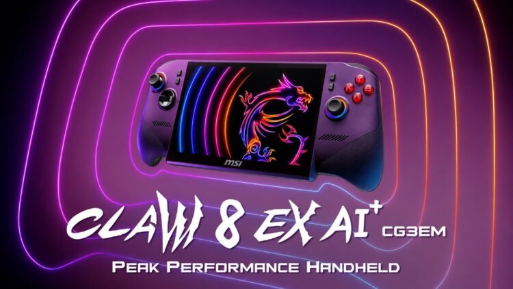 نمای روبرو از کنسول دستی MSI Claw 8 EX AI+ با نورپردازی RGB در اطراف جویاستیکها و لوگوی اژدهای MSI روی صفحه نمایش، محصور در خطوط نئونی بنفش و نارنجی با شعار Peak Performance Handheld