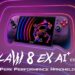 نمای روبرو از کنسول دستی MSI Claw 8 EX AI+ با نورپردازی RGB در اطراف جویاستیکها و لوگوی اژدهای MSI روی صفحه نمایش، محصور در خطوط نئونی بنفش و نارنجی با شعار Peak Performance Handheld