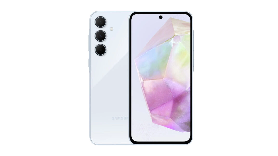 نمای جلو و پشت گوشی سامسونگ گلکسی (مدل های Galaxy A24 یا A35) به رنگ سفید یخی؛ پنل پشتی با دوربین سه گانه خطی و پنل جلویی با صفحه نمایش کم حاشیه مجهز به دوربین سلفی هول پانچ که والپیپر کریستالی رنگارنگی را نشان می دهد.