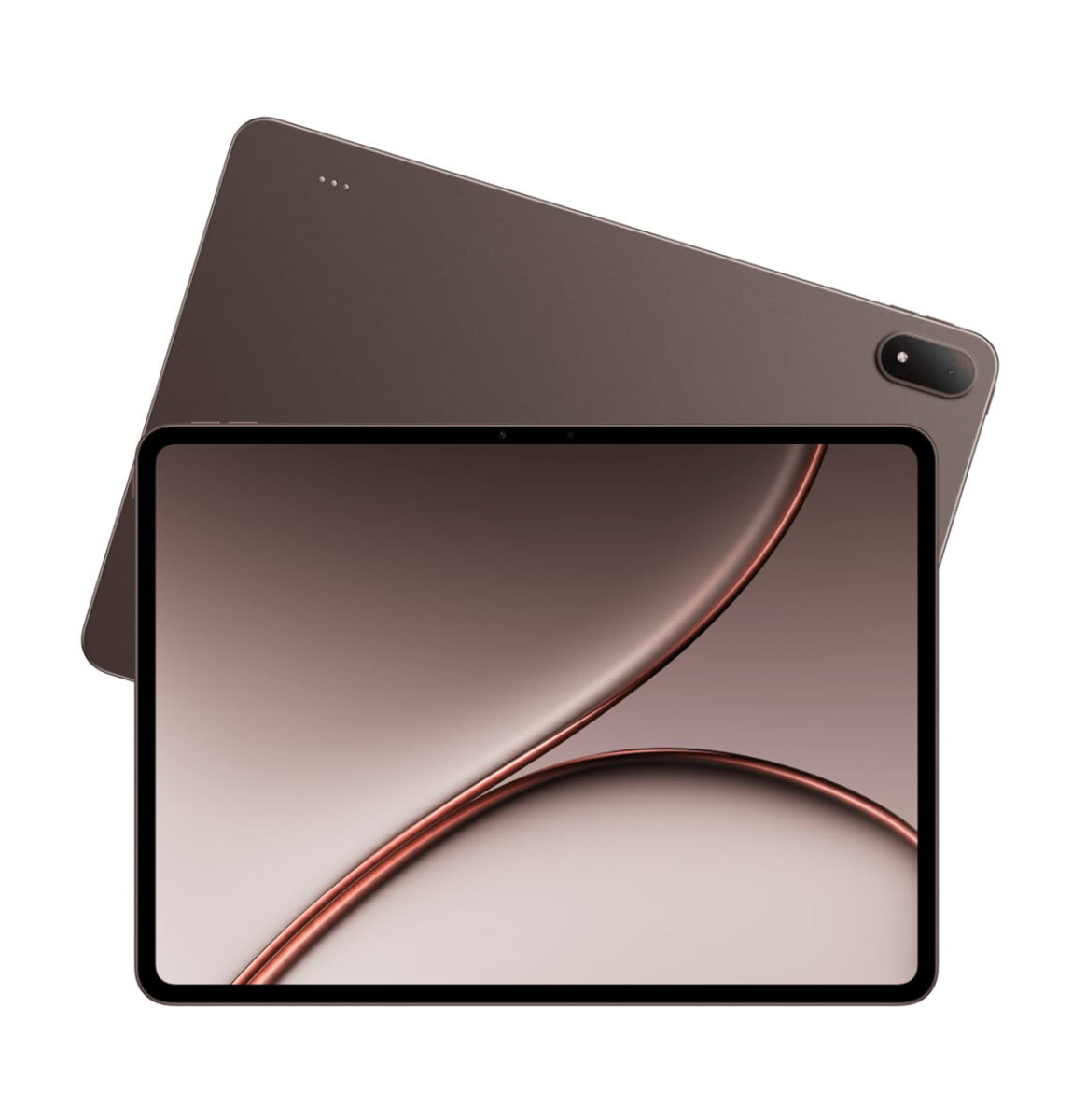 نمای جلو و پشت تبلت OnePlus Pad 3 Pro با رنگ قهوه‌ای متالیک، حاشیه‌های باریک نمایشگر و ماژول دوربین دایره‌ای در پشت دستگاه