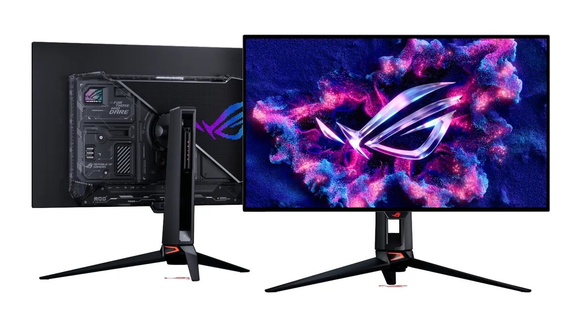 نمایش همزمان پنل جلو و بدنه پشتی مانیتور گیمینگ ASUS ROG؛ طراحی پشتی با لوگوی RGB بزرگ ایسوس و پایه سه‌شاخه‌ی ارگونومیک با نورپردازی در پایین