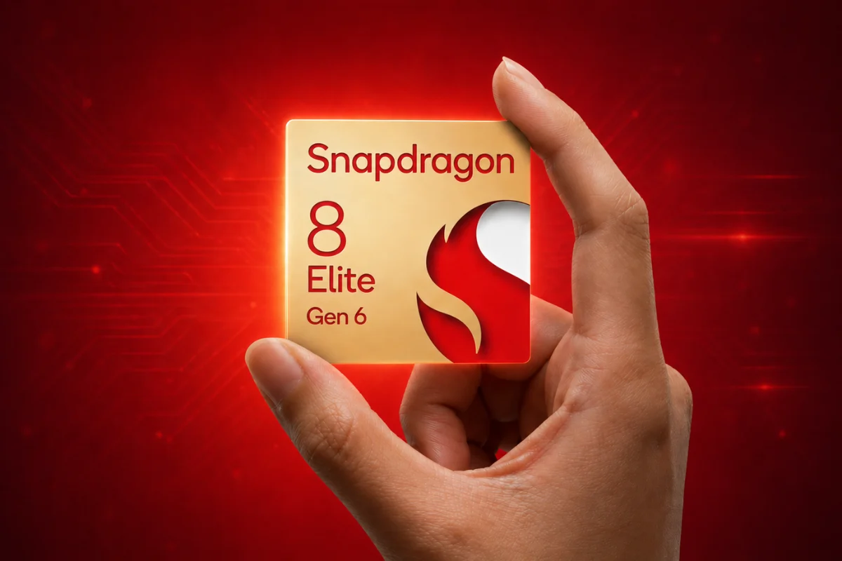 نمای گرافیکی از پردازنده اسنپدراگون ۸ الیت نسل ۶ (Snapdragon 8 Elite Gen 6) در دستان کاربر با پس‌زمینه قرمز و افکت‌های نوری مدار