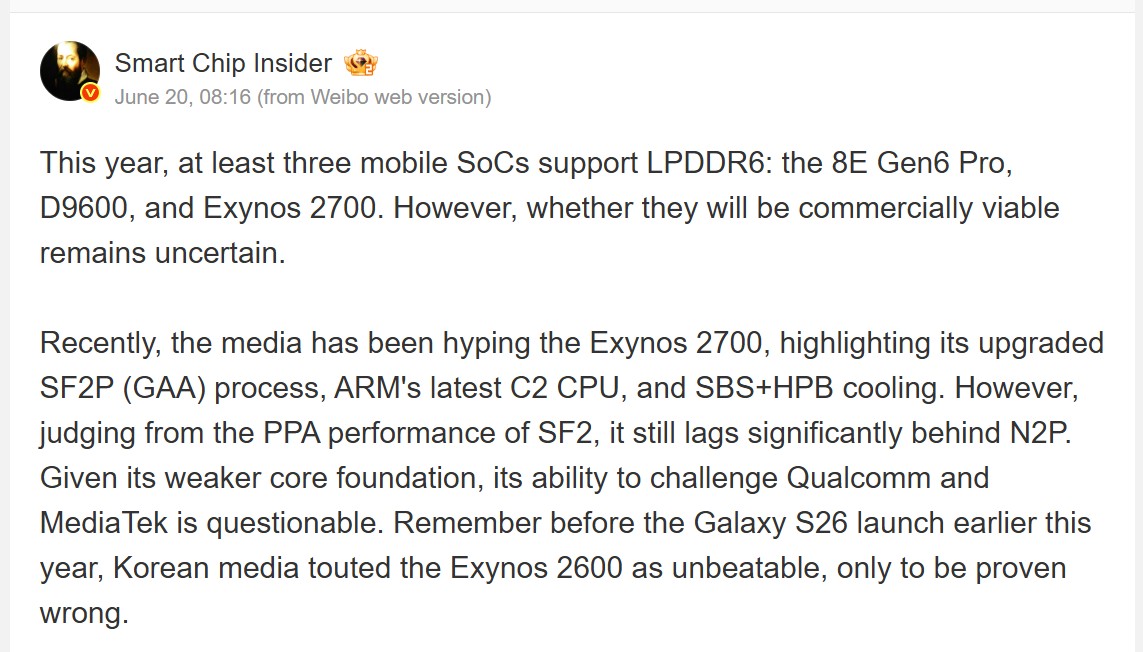 اسکرینشات از تحلیل تخصصی تراشه Exynos 2700 در شبکههای اجتماعی؛ بحث درباره پشتیبانی از حافظه LPDDR6، معماری لیتوگرافی SF2P و عملکرد هستههای ARM C2