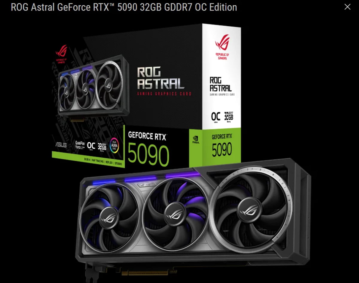 کارت گرافیک گیمینگ ASUS ROG Astral RTX 5090 OC Edition به همراه جعبه محصول؛ نمایش نورپردازی RGB سه فن