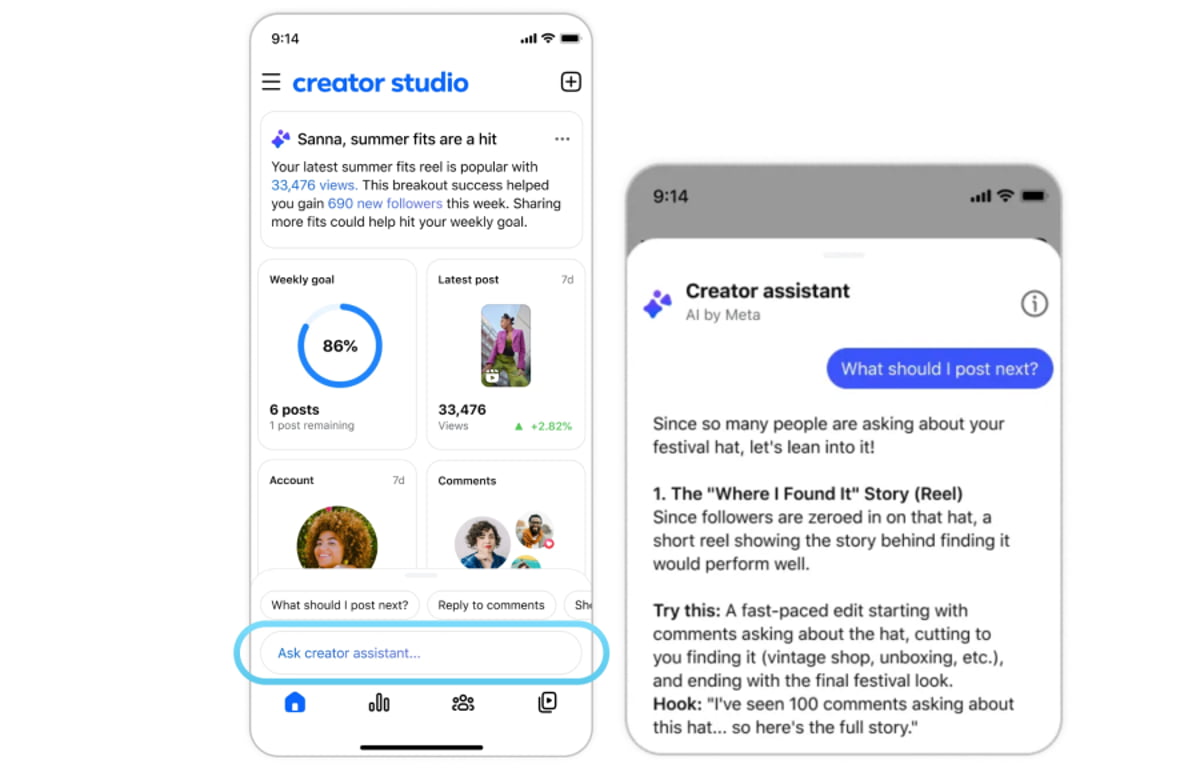 نمای اسکرین‌شات از اپلیکیشن Creator Studio متا؛ سمت چپ داشبورد آماری پیج و بخش Ask creator assistant را نشان می‌دهد و سمت راست کادر گفتگوی دستیار هوشمند Creator assistant را تصویر کرده که سناریو و قلاب ذهنی (Hook) یک ریلز (Reel) را بر اساس کامنت‌های پرطرفدار کاربران پیشنهاد داده است.