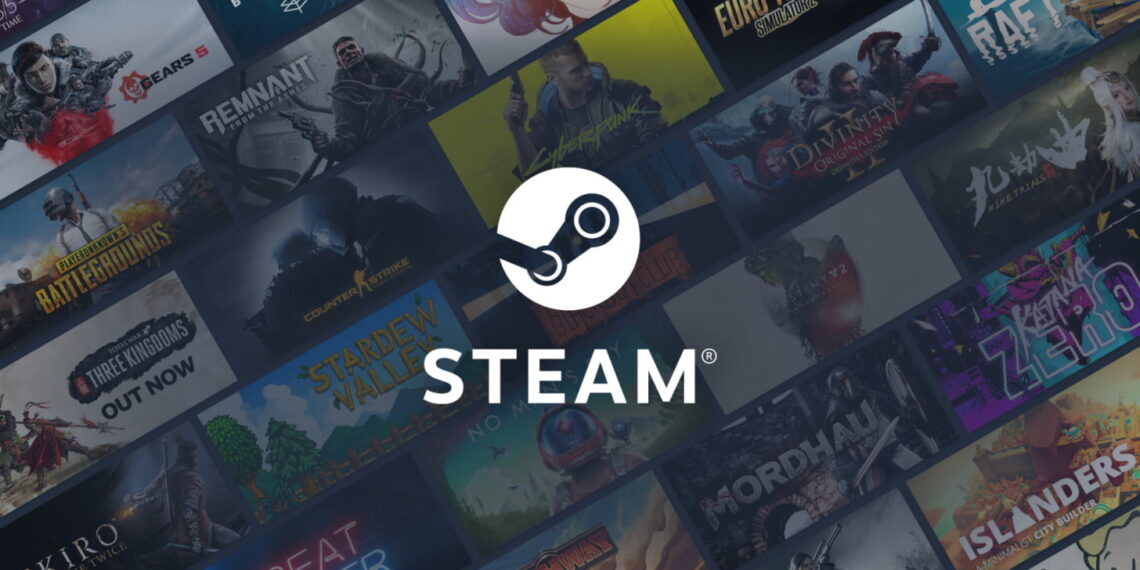 لوگوی سفید Steam در مرکز تصویری که ترکیبی از کاور بازی‌های مختلف مثل Cyberpunk 2077، Stardew Valley، Gears 5 و Sekiro است. تایل‌های بازی‌ها با زاویه‌ای خاص در کنار هم چیده شده‌اند تا تنوع کتابخانه استیم را نشان دهند