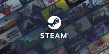 لوگوی سفید Steam در مرکز تصویری که ترکیبی از کاور بازیهای مختلف مثل Cyberpunk 2077، Stardew Valley، Gears 5 و Sekiro است. تایلهای بازیها با زاویهای خاص در کنار هم چیده شدهاند تا تنوع کتابخانه استیم را نشان دهند
