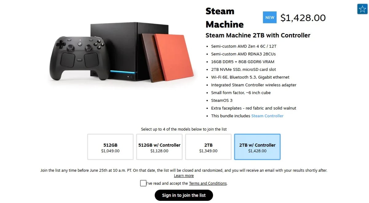 اسکرینشات از صفحه پیشخرید کنسول Steam Machine با قیمت ۱۴۲۸ دلار برای مدل 2TB به همراه کنترلر و لیست مشخصات فنی