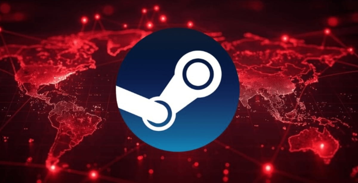 لوگوی دایرهای استیم (Steam) بر روی نقشهای قرمز رنگ از جهان که با خطوط شبکهای و نقاط نورانی پوشانده شده و نشاندهنده گستردگی کاربران جهانی این پلتفرم است