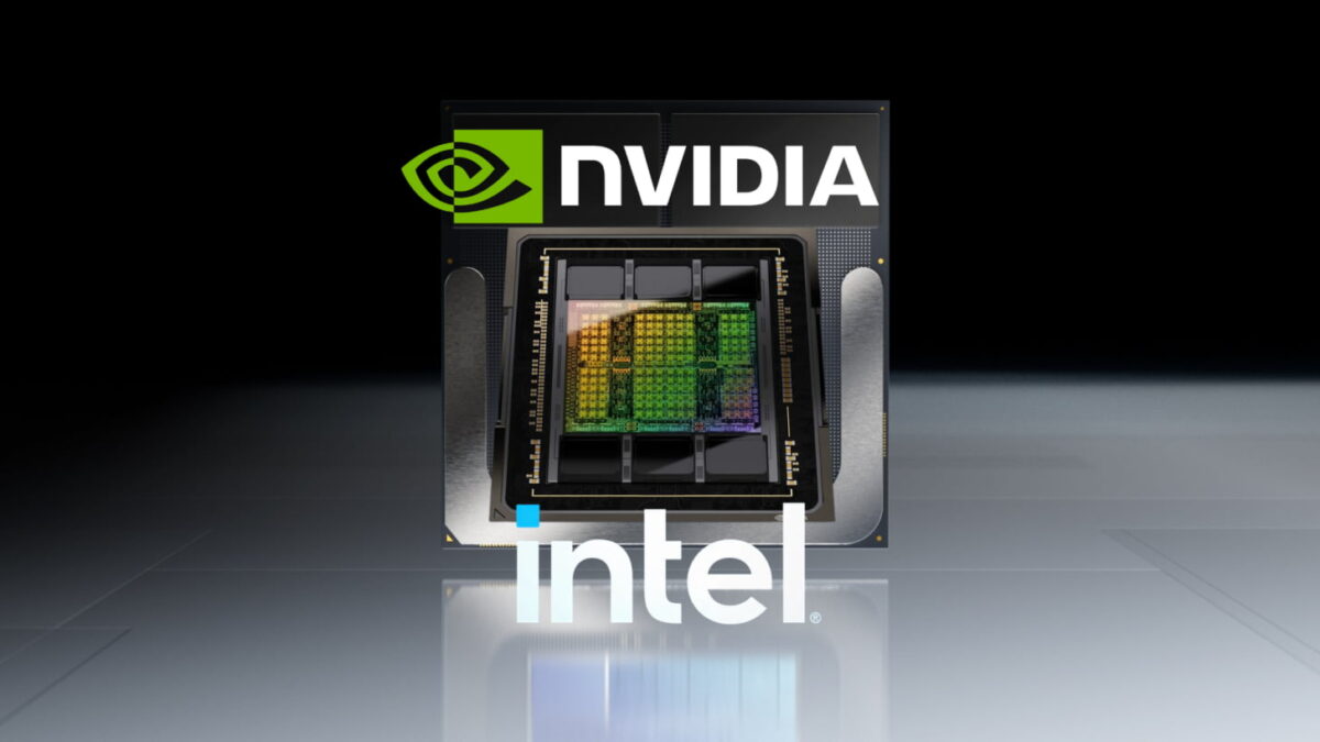 لوگوهای انویدیا (NVIDIA) و اینتل (Intel) که روی نمای نزدیکی از یک دای (Die) پردازنده گرافیکی پیشرفته قرار گرفتهاند؛ نمادی از همکاری احتمالی یا استفاده از پتانسیلهای تولیدی مشترک