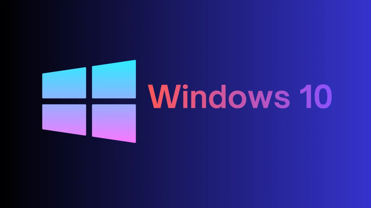 لوگوی ویندوز ۱۰ با گرادیان رنگی آبی و بنفش در پس‌زمینه تیره به همراه عبارت Windows 10 با فونت رسمی مایکروسافت