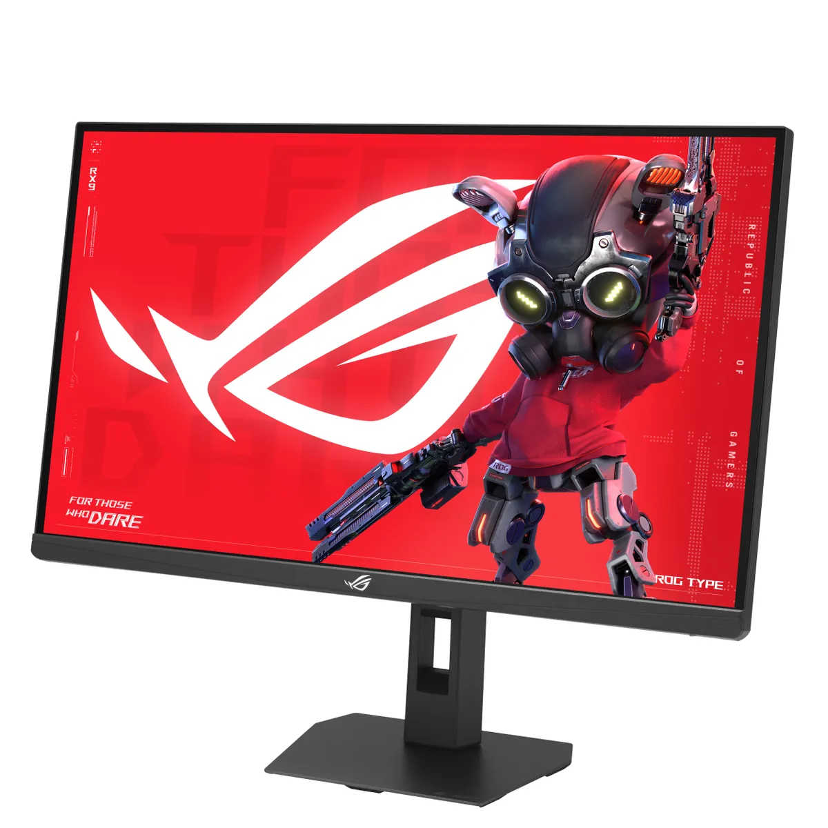 مانیتور گیمینگ ASUS ROG Swift با حاشیه‌های بسیار باریک و پنل تخت؛ نمایش والپیپر قرمز با کاراکتر رباتیک ROG و شعار For Those Who Dare روی صفحه