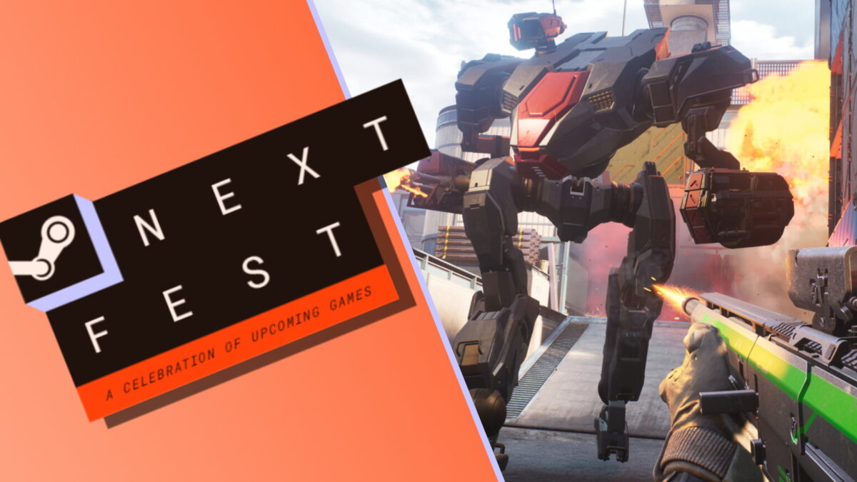 تصویر ترکیبی که در سمت چپ لوگوی Steam Next Fest با عبارت A Celebration of Upcoming Games دیده میشود و در سمت راست، صحنهای از یک بازی اکشن اولشخص با حضور یک ربات جنگی عظیم (Mecha) و شلیک اسلحه نمایش داده شده است.