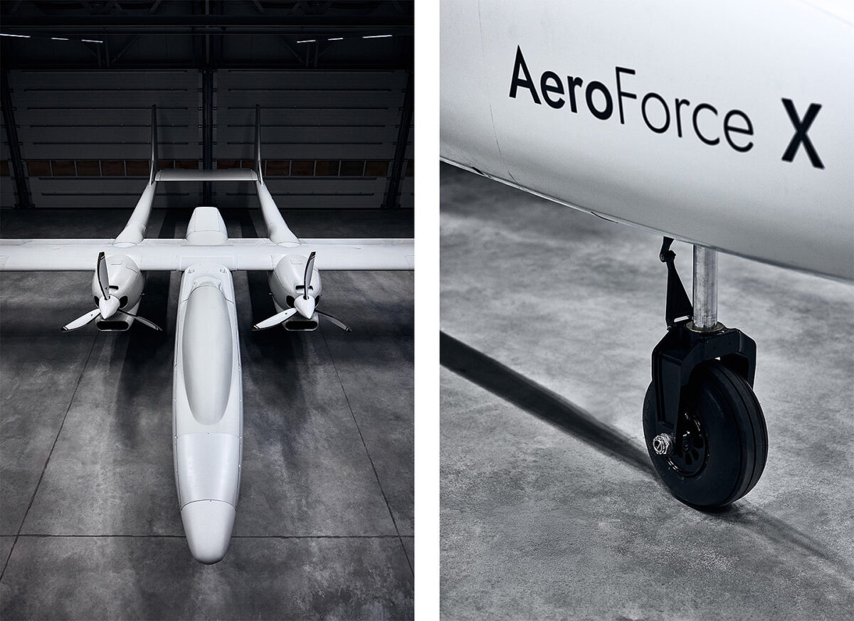 نمای نزدیک پهپاد AeroForce X در آشیانه؛ نمای روبه‌رو از بدنه، بال‌ها و دو موتور ملخی این پهپاد شناسایی دوربرد در کنار نمایی از چرخ فرود جلویی.