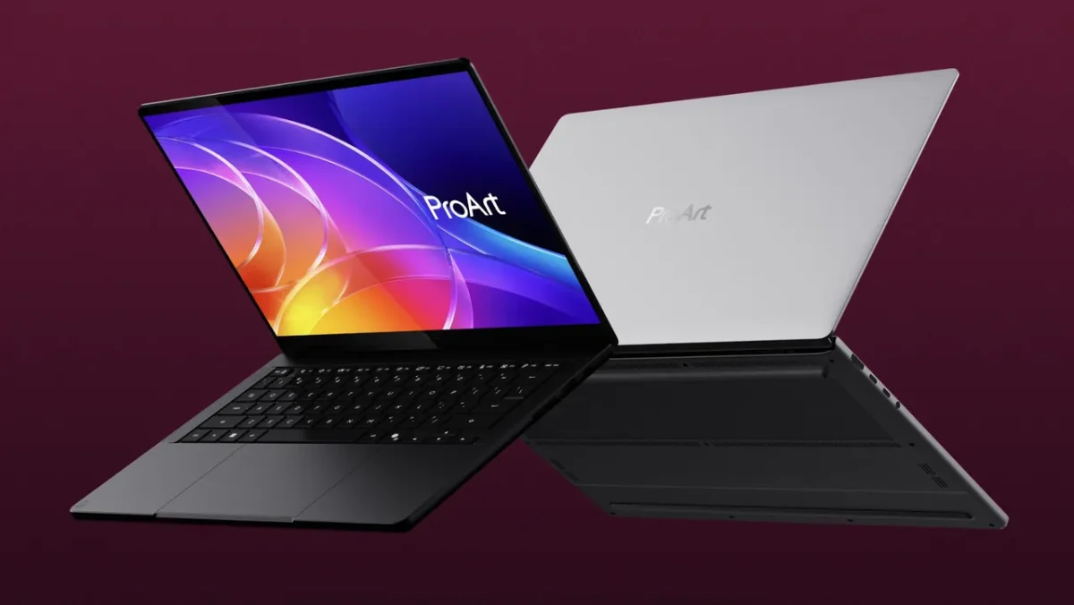 نمای روبه‌رو و پشت لپ‌تاپ ASUS ProArt P16 با نمایشگر OLED، طراحی باریک و بدنه آلومینیومی در دو رنگ مختلف