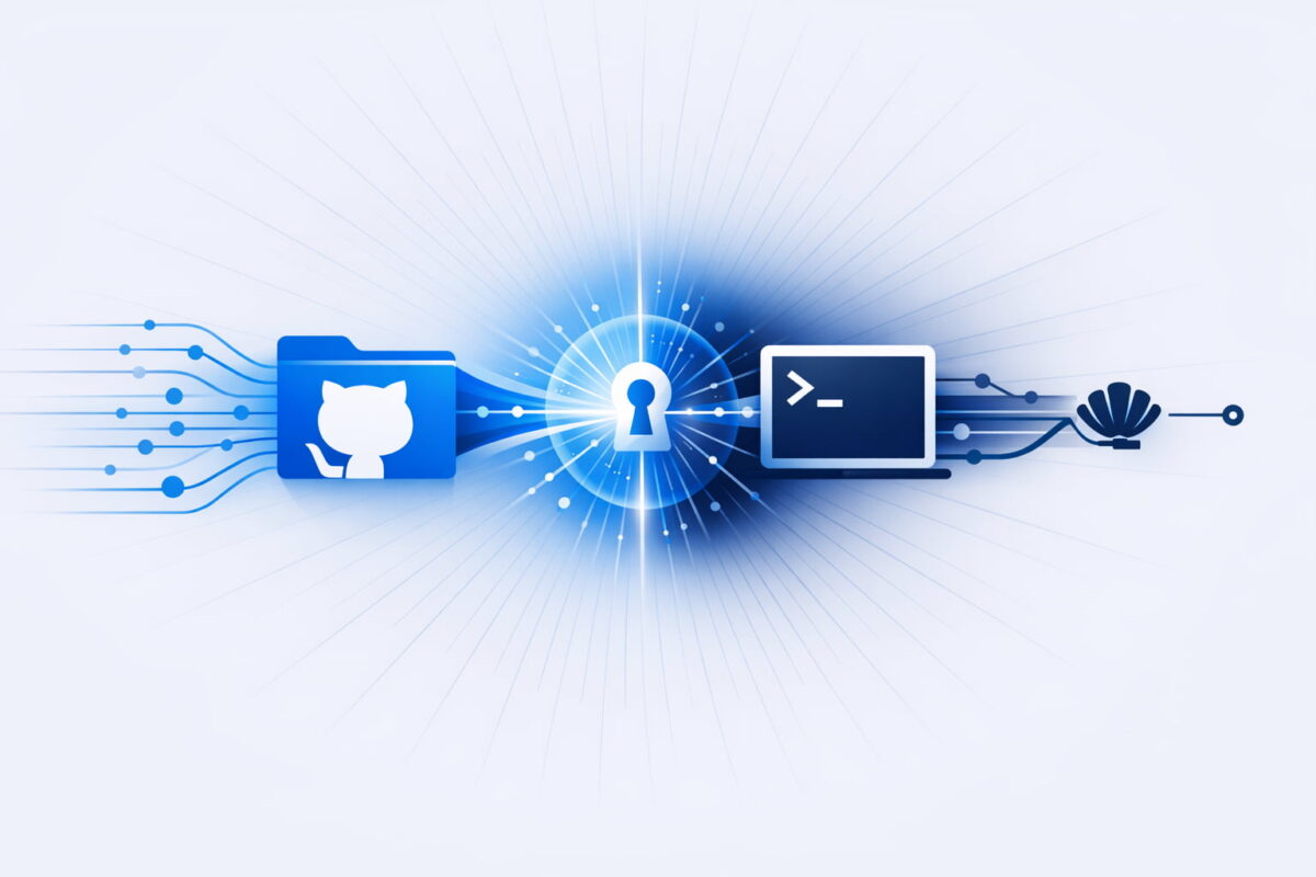 تصویر مفهومی انتزاعی با تم امنیت سایبری؛ نماد قفل در مرکز تصویر، نشان‌دهنده امنیت، در کنار لوگوی گیت‌هاب (GitHub) و آیکون ترمینال (Command Line) که بر اتصال امن کدنویسی و مخازن نرم‌افزاری تأکید دارد؛ خطوط نورانی و رنگ آبی درخشان، حس پیشرفت و حفاظت را منتقل می‌کند.