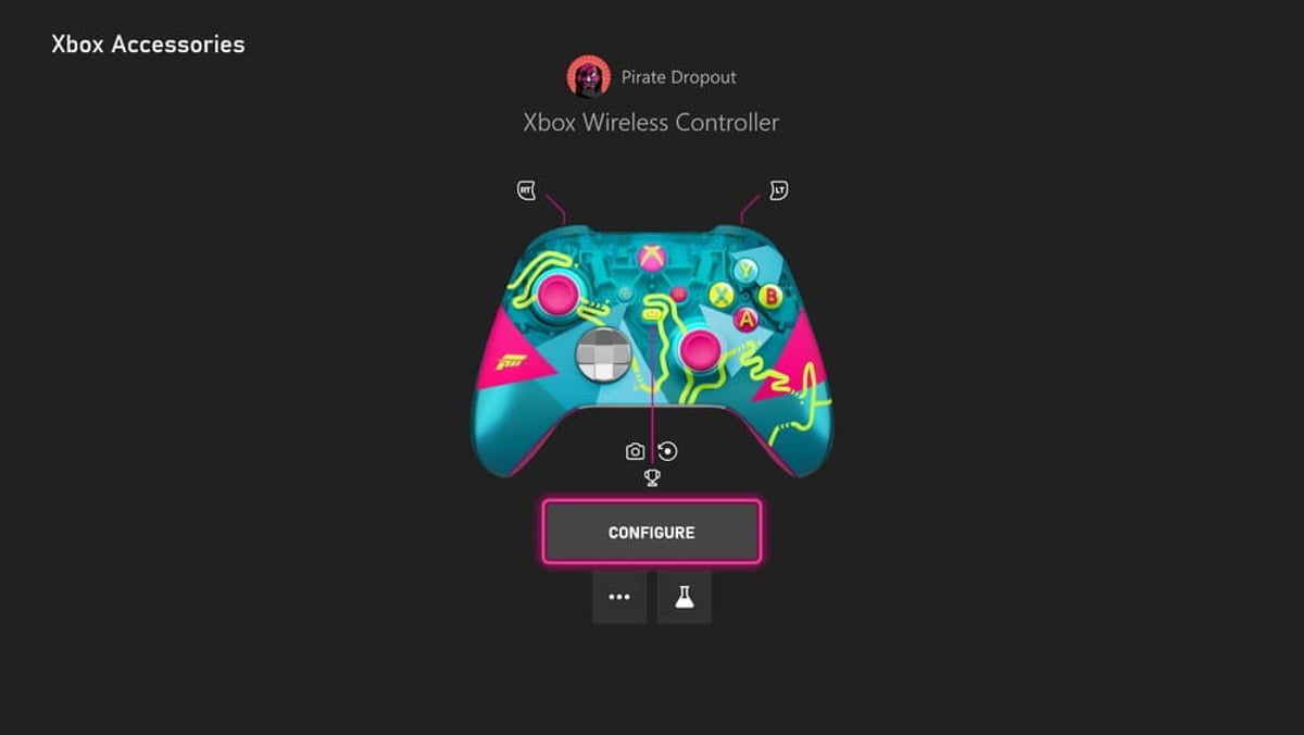 محیط اپلیکیشن Xbox Accessories برای تنظیم دسته بی‌سیم با طرح گرافیکی فانتزی و رنگارنگ؛ نمایش دکمه‌ها و آنالوگ‌ها برای پیکربندی (Configure) مجدد کلیدها