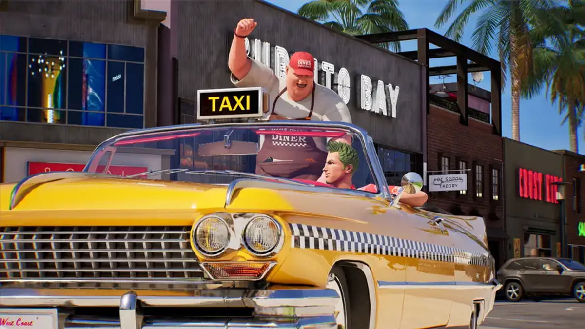نمای نزدیک از شخصیتهای بازی Crazy Taxi در یک ماشین کروک زرد. راننده با موهای سبز و مسافر که یک مرد تنومند با کلاه قرمز و پیشبند آشپزی است، با هیجان در حال حرکت در خیابانی با تابلوهای نئونی مثل Burrito Bay و Crust King هستند.