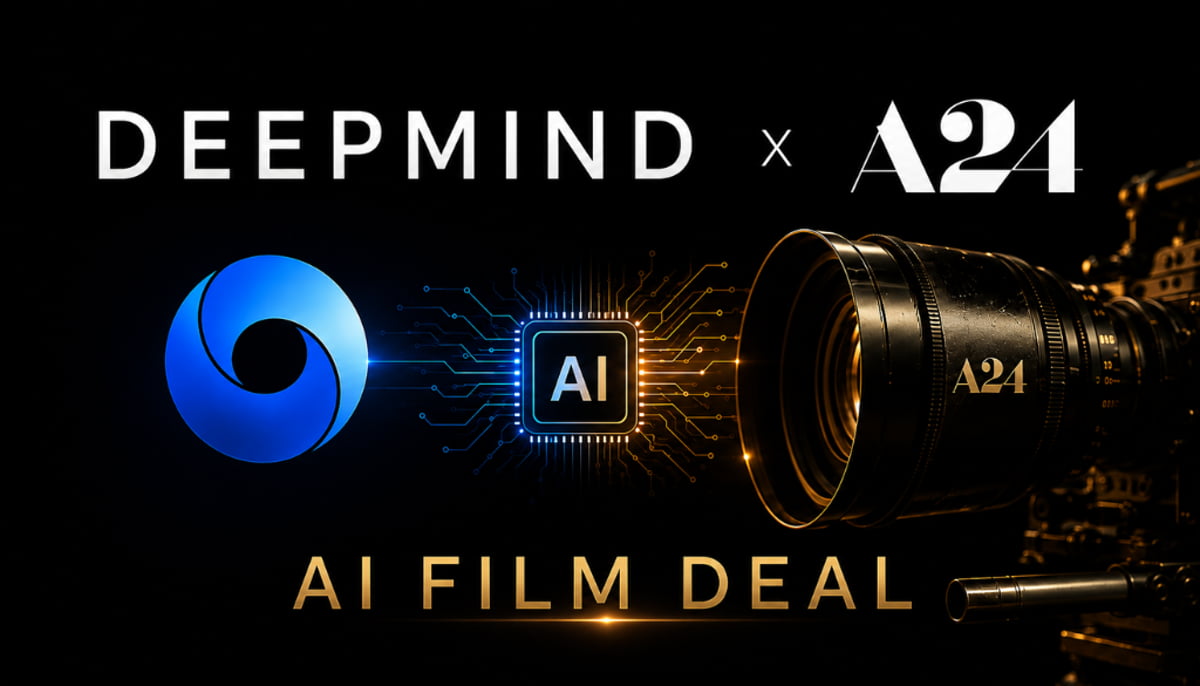 پوستر تبلیغاتی همکاری DeepMind و A24 با تیتر AI FILM DEAL؛ نمایش لنز دوربین سینمایی و نماد پردازنده هوش مصنوعی در پسزمینه مشکی