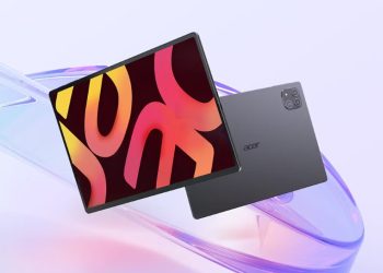 تبلت Acer با نمایشگر روشن و بدنه خاکستری در فضایی با پایه‌های دکوراتیو پاستلی، همراه با نمای پشتی دستگاه در پس‌زمینه