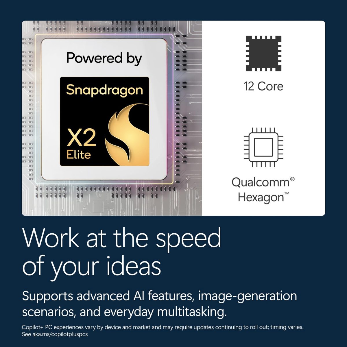 اینفوگرافیک پردازنده Snapdragon X2 Elite با ۱۲ هسته پردازشی و واحد عصبی Qualcomm Hexagon؛ با متن Powered by Snapdragon و توضیح پشتیبانی از قابلیت‌های هوش مصنوعی پیشرفته
