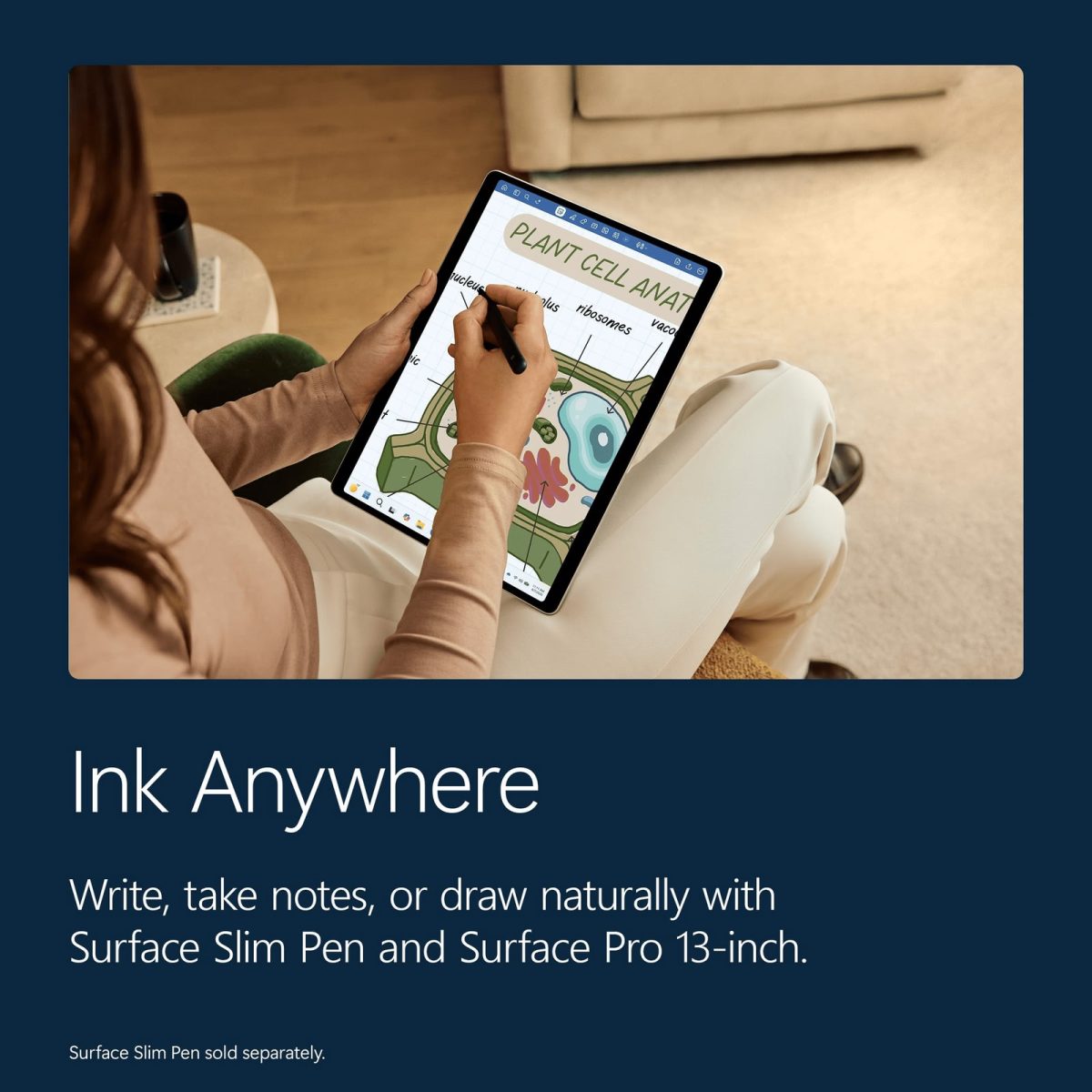 نمای از بالا از فردی که با قلم Surface Slim Pen روی نمایشگر ۱۳ اینچی سرفیس پرو در حال نوت‌برداری و ترسیم آناتومی سلول گیاهی است
