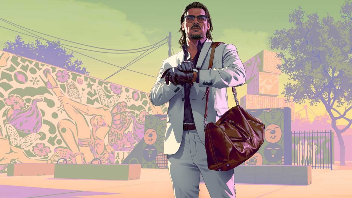طرح هنری رسمی از شخصیت جیسون در بازی Grand Theft Auto VI؛ مردی با کت و شلوار سفید شیک و دستکش چرمی که کیف چرمی قهوه‌ای در دست دارد و در حال چک کردن ساعت مچی خود در محیطی با دیوارهای گرافیتی است