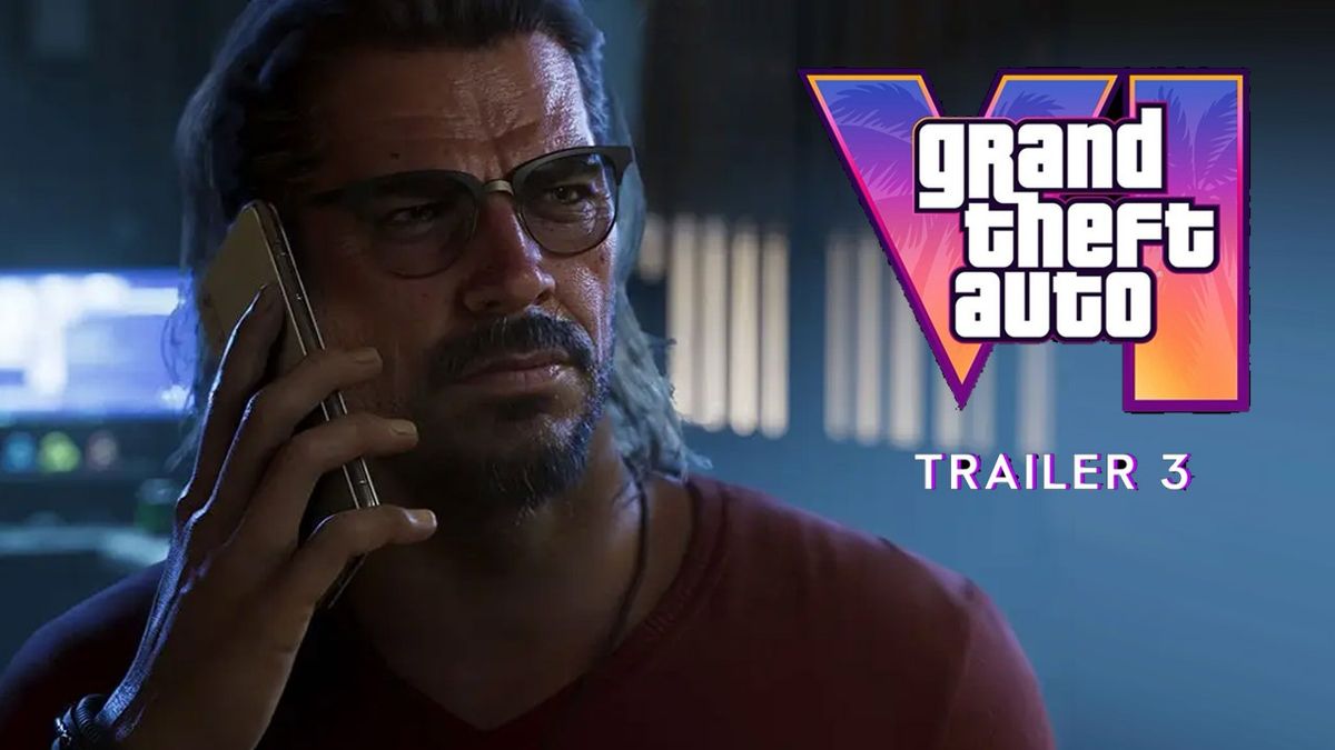 تصویری از تریلر سوم بازی GTA 6 که شخصیت جیسون را در حال صحبت با موبایل نشان میدهد، به همراه لوگوی بنفش و صورتی Grand Theft Auto VI در گوشه تصویر