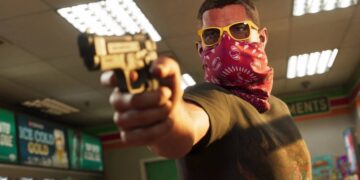 نمای نزدیک از شخصیت جیسون در GTA VI که یک اسلحه کمری به سمت دوربین گرفته و صورت خود را با یک دستمال گردن (باندانا) قرمز و عینک آفتابی زرد پوشانده است