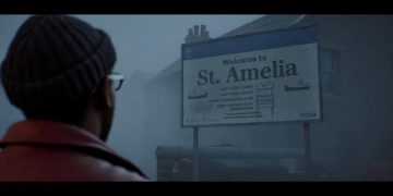 نمایی از یک تابلو خوش‌آمدگویی به St. Amelia در هوای مه‌آلود، با فردی در پیش‌زمینه که به سمت تابلو نگاه می‌کند