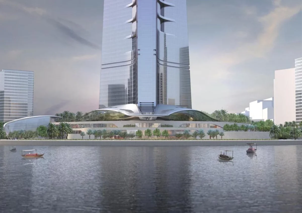 نمای مفهومی برج JEC Tower با ارتفاع بیش از یک کیلومتر در میان بلوار نخلکاریشده و ساختمانهای مدرن شهر جده
