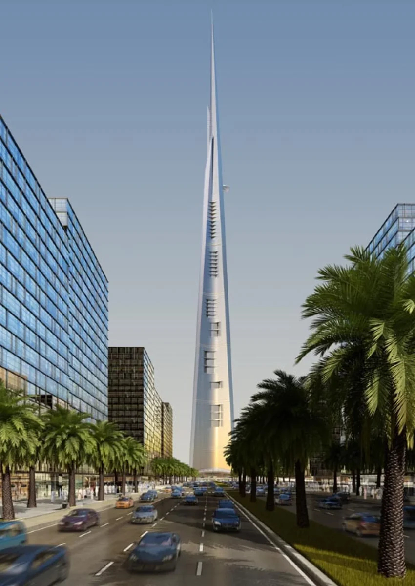 نمای بخش پایینی و ورودی اصلی برج JEC Tower در کنار آبراه شهری در طرح مفهومی توسعه منطقه جده