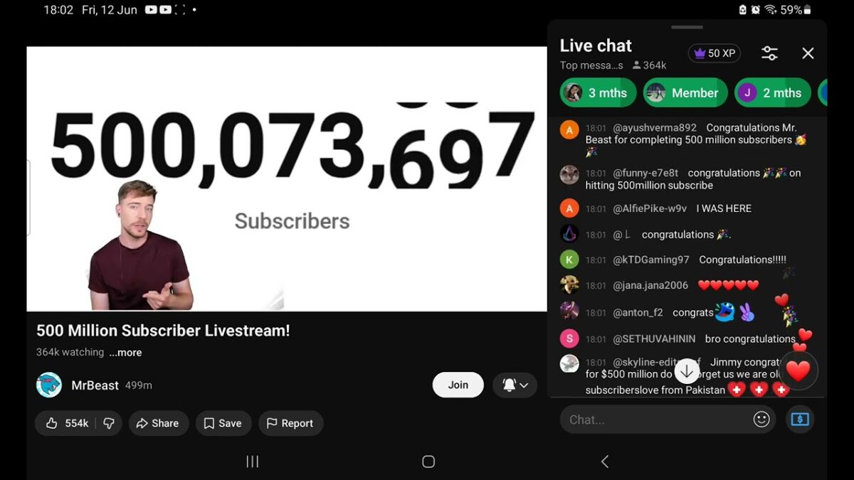 نمایی از پخش زنده جشن ۵۰۰ میلیونی MrBeast در YouTube همراه با شمارنده مشترکان، بیش از ۳۶۴ هزار بیننده همزمان و پیامهای تبریک کاربران در بخش گفتوگوی زنده.