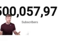 پخش زنده MrBeast در YouTube هنگام عبور از مرز ۵۰۰ میلیون مشترک با نمایش شمارنده 500,057,971 مشترک روی صفحه.