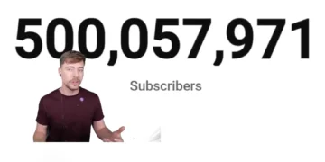 پخش زنده MrBeast در YouTube هنگام عبور از مرز ۵۰۰ میلیون مشترک با نمایش شمارنده 500,057,971 مشترک روی صفحه.