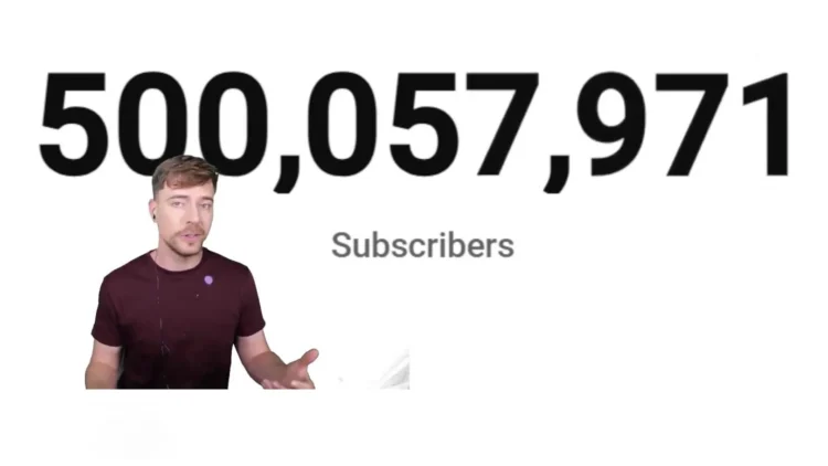 پخش زنده MrBeast در YouTube هنگام عبور از مرز ۵۰۰ میلیون مشترک با نمایش شمارنده 500,057,971 مشترک روی صفحه.