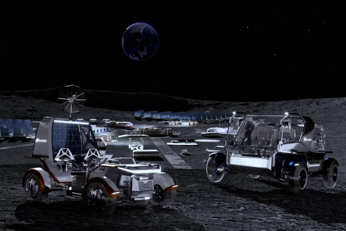 ماهنوردهای پگاسوس و ایگل شرکت Lunar Outpost در نمایی مفهومی از پایگاه آینده ناسا روی سطح ماه با زمین در پسزمینه دیده میشوند.