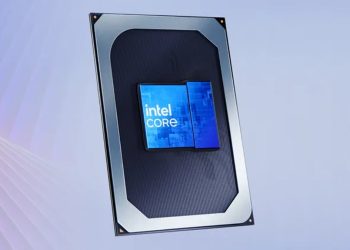 تصویر گرافیکی از یک پردازنده اینتل با لوگوی Intel Core روی یک بستر سیلیکونی تیره با لبه‌های فلزی نقره‌ای در پس‌زمینه‌ای با تم بنفش و آبی ملایم