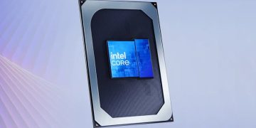 تصویر گرافیکی از یک پردازنده اینتل با لوگوی Intel Core روی یک بستر سیلیکونی تیره با لبههای فلزی نقرهای در پسزمینهای با تم بنفش و آبی ملایم