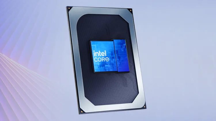 تصویر گرافیکی از یک پردازنده اینتل با لوگوی Intel Core روی یک بستر سیلیکونی تیره با لبههای فلزی نقرهای در پسزمینهای با تم بنفش و آبی ملایم