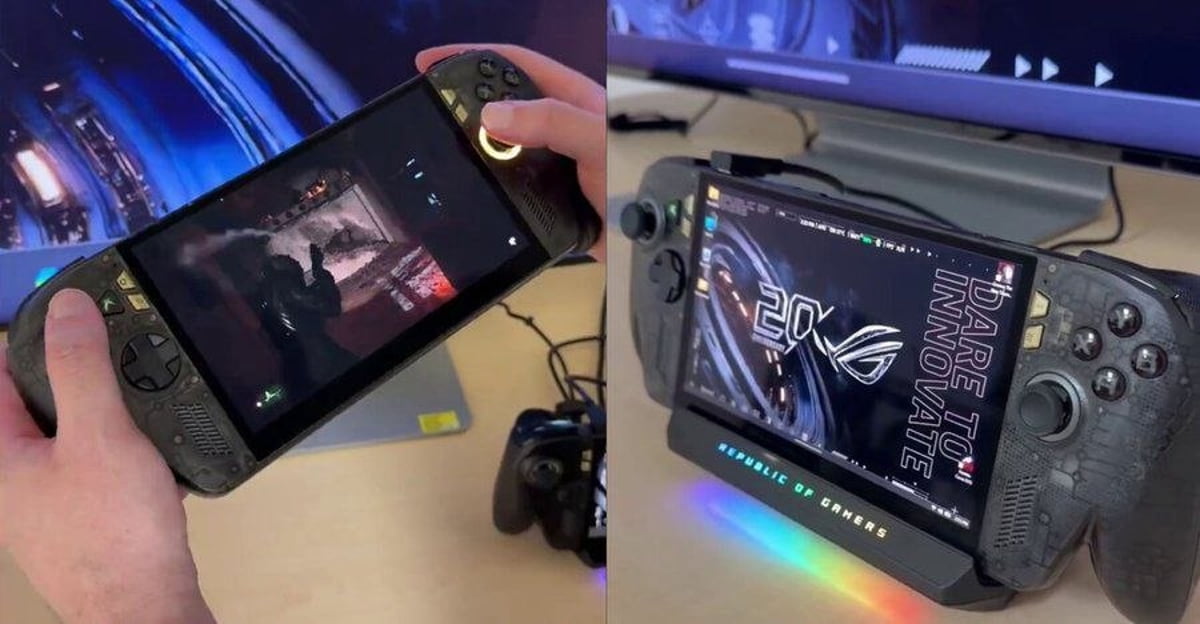 کلاژ دو عکس از کنسول دستی ASUS ROG Ally: سمت چپ دستگاه در دست کاربر هنگام اجرای بازی، سمت راست قرارگیری روی داک ROG با نور RGB و نمایش والپیپر Republic of Gamers روی صفحه