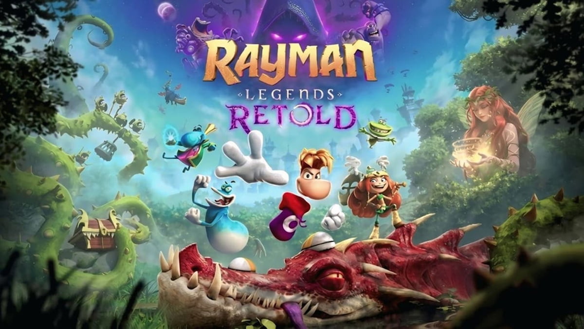 تصویر کاور آرت بازی Rayman Legends: Retold؛ نمایش شخصیت‌های ریمن و گلوباکس در کنار یک اژدهای بزرگ در فضای جنگلی و فانتزی با لوگوی رسمی عنوان بازی