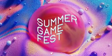 لوگوی تایپوگرافی Summer Game Fest روی یک گوی بزرگ صورتی و بنفش در محیطی انتزاعی با دانه‌های رنگی درخشان