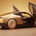 نمای جانبی Tesla Cybercab با درهای پروانهای باز، طراحی آیرودینامیک بدنه و نمایشگر مرکزی کابین در پسزمینه استودیویی
