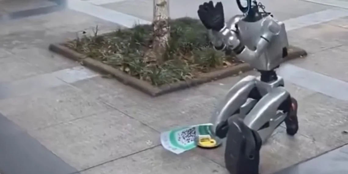 ربات انسان‌نمای Unitree G1 در خیابانی در شهر چنگدو چین روی زمین زانو زده و مقابل خود یک کد QR و ظرف دریافت کمک قرار داده است؛ یکی از رهگذران نیز در حال پرداخت پول و تعامل با این ربات است.