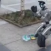 ربات انسان‌نمای Unitree G1 در خیابانی در شهر چنگدو چین روی زمین زانو زده و مقابل خود یک کد QR و ظرف دریافت کمک قرار داده است؛ یکی از رهگذران نیز در حال پرداخت پول و تعامل با این ربات است.