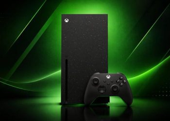کنسول Xbox Series X مدل Galaxy Black Special Edition با بدنه مشکی طرح‌دار (ستاره‌ای) و دسته بی‌سیم ست شده، در مقابل پس‌زمینه سبز نئونی برند اکس‌باکس