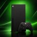 کنسول Xbox Series X مدل Galaxy Black Special Edition با بدنه مشکی طرحدار (ستارهای) و دسته بیسیم ست شده، در مقابل پسزمینه سبز نئونی برند اکسباکس