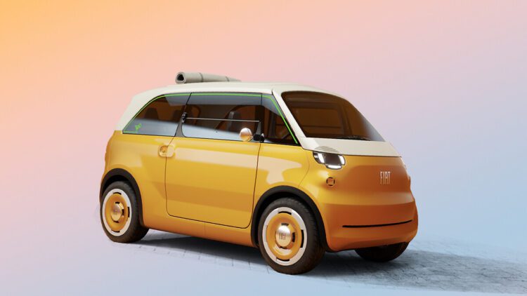 مدل مفهومی برقی فیات Multiplina با بدنه زرد و سقف سفید؛ خودروی شهری کوچک با طراحی الهامگرفته از Fiat 600 Multipla.