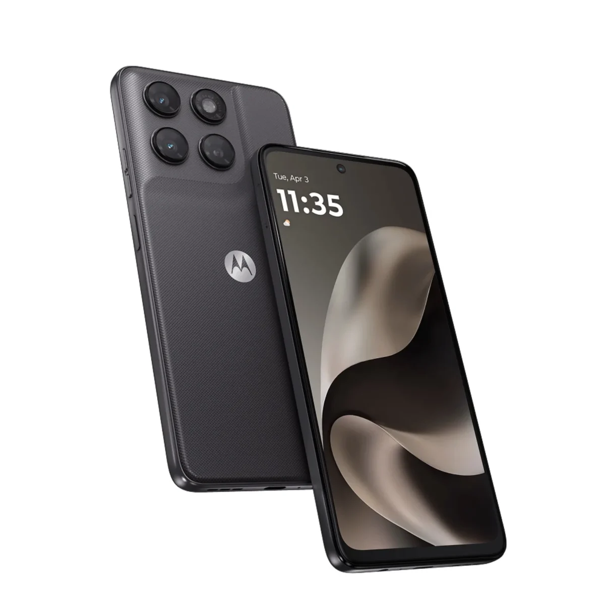 نمای مشکیرنگ گوشی moto g77 Power موتورولا از جلو و پشت با نمایشگر حفرهدار، ماژول دوربین چهارگانه و طراحی مینیمال